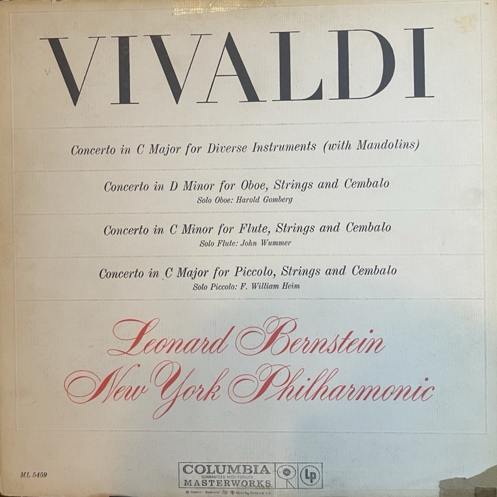 Columbia Vivaldi Four Concertos Bernstein NY Phil 1960s Vinyl LP ML 5459 Record